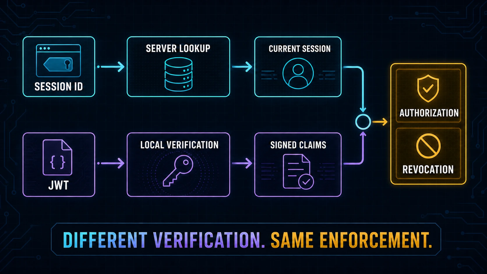 Opaque sessions and JWTs using different verification models before converging on shared authorization and revocation responsibilities